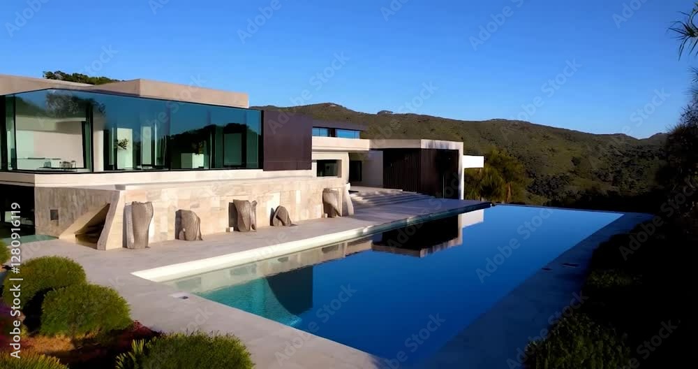 Poster modern architectural design exterior view of a house with a swimming pool in sunny day with blue ski