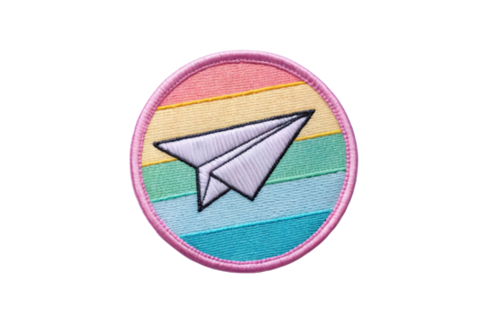 Colorful Patch with Paper Airplane Design on Pastel Stripes Background for Crafting and Fashion