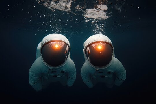 Two astronauts submerged, exploring underwater depths with illum