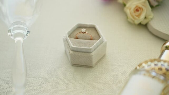 An exquisite engagement ring rests in a stylish hexagonal box on a beautifully set table adorned with soft roses and sparkling glassware, creating an enchanting atmosphere.