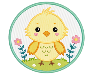 Cute Yellow Chick Design on Patch with Flowers in a Whimsical Style for Kids and Crafts