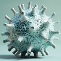 Monkeypox virus awareness research. A detailed, textured spherical object with spiky protrusions, resembling a microscopic organism or virus, against a soft, muted background.