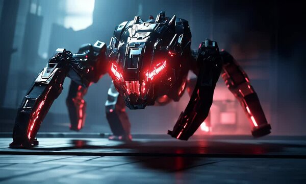 Robotic spider, urban setting, glowing eyes, game promo
