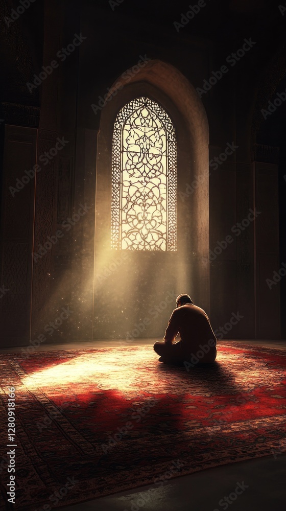 Poster soft rays of sunlight filter through an ornate stained glass window, casting a serene glow on a man 