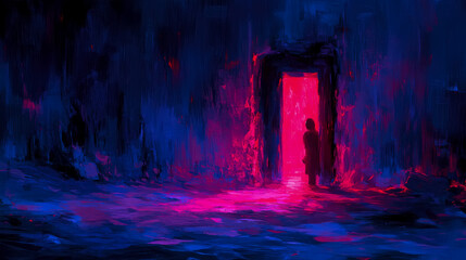Fototapeta premium Abstract Acrylic of a Silhouette by a Glowing Doorway to another Dimension