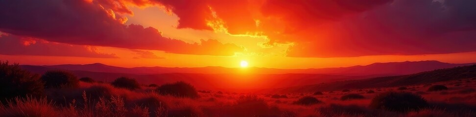 Fototapeta premium Caliente puesta de sol con un horizonte central iluminado por la luz del sol, efecto ?ptico, colorido, movimiento