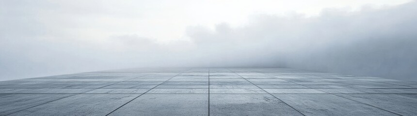 Misty landscape with a textured tiled surface in a dreamlike setting during the early morning hours