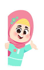 cheerful Muslim girl hiding with welcome hand