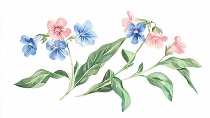 Painting of a Colorful Bouquet of Pulmonaria Flowers