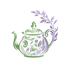 Ornate Teapot with Floral Design, Herbal Tea, Vintage Illustration