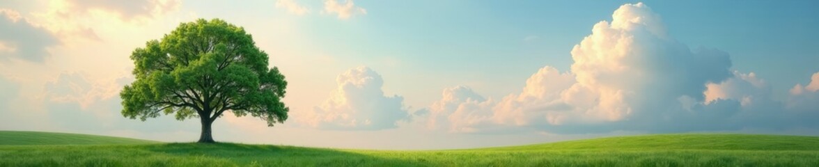 Clouds and trees blend in a soft, serene landscape, harmonious, blended, tree
