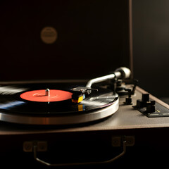 A close-up of a classic vinyl record player with a spinning LP, capturing the tonearm and needle in action, evoking a nostalgic atmosphere