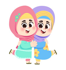 Two Cheerful muslim girls hug to celebrate ramadan