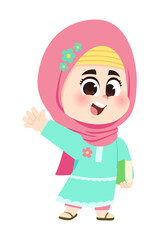Cheerful muslim girl wave hand and hold book