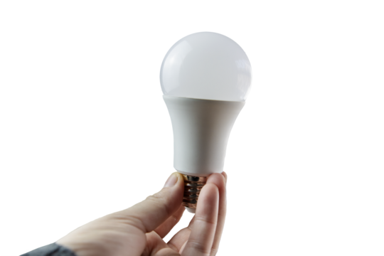 Mano de una mujer sujetando una bombilla pequeña LED ecológica y sostenible. Concepto de eficiencia energética, conciencia ambiental y ahorro de energía. Responsabilidad con el medio ambiente. 