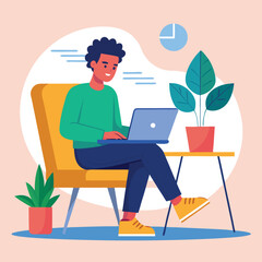 a boy is using his laptop vector