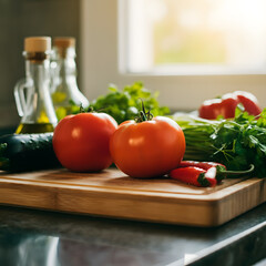 A selection of fresh organic vegetables including tomatoes, bell peppers, and cucumbers arranged on a wooden kitchen countertop with natural sunlight.