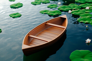Obraz premium Calm lake cradles floating rowboat in serene embrace, where soft mist and lotus blossoms create harmonious morning escape. Warm light filters through gentle waves, completing peaceful scene.