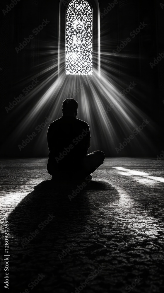 Poster in a dimly lit islamic mosque, a meditative figure sits quietly, enveloped in shadows as radiant bea