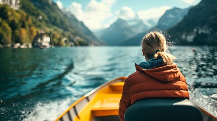 Fototapeta premium A person in an orange jacket sits in a yellow boat on a serene lake surrounded by mountains