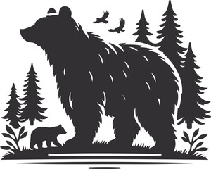 Bear Silhouette Vector Art Illustration On Solid White Background