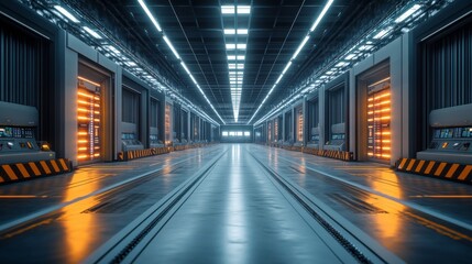 Naklejka premium A futuristic warehouse interior featuring illuminated pathways, sleek surfaces, and industrial design elements.