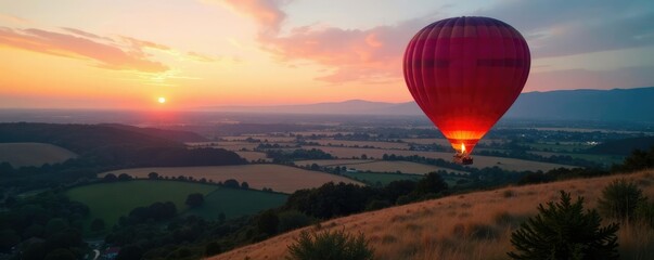 Evening hot air balloon ride over rolling hills, fields, sky