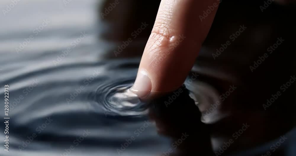Aufkleber close-up of finger touching water surface creating ripples on black background. blue and black color