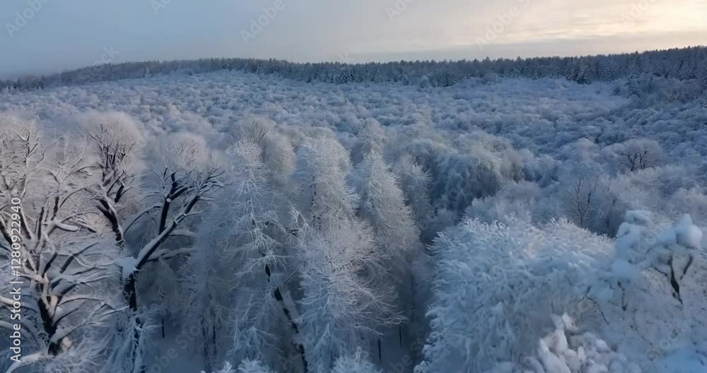 Poster aerial view of a winter forest covered in snow with white trees
