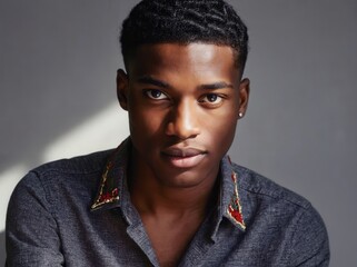 Fototapeta premium Studio portrait of a fashionable young African American model wearing a dark gray shirt with embroidered collar, illuminated by a dramatic beam of light against a gray backdrop