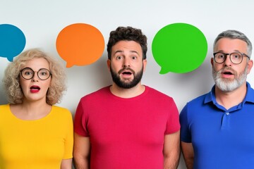 Fototapeta premium Diverse group of people having a conversation with colorful dialogue bubbles on a white background Teamwork, communication, brainstorming, ideas exchange, social interaction, diversity