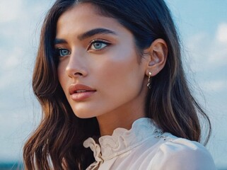 Hispanic fashion model wearing white ruffled blouse, standing outdoors with cascading brown hair, striking blue eyes, gold earrings against soft blue sky background
