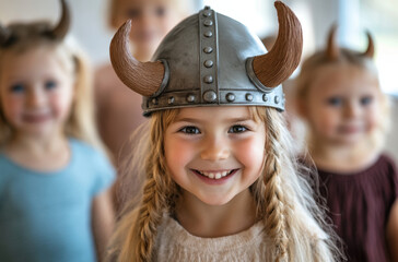 Group of children happily dressed in Viking costumes enjoying a creative play session at a community gathering in the afternoon