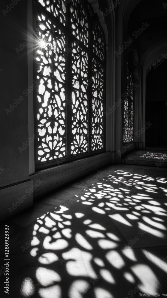 Poster Sunlight streams through elegantly designed lattice windows, casting intricate shadows on the polished floor of a historic corridor. The ambiance evokes a sense of tranquility and timeless beauty