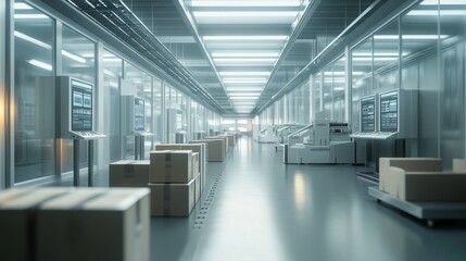 A sleek, modern warehouse interior featuring illuminated pathways and neatly stacked boxes, highlighting an efficient storage environment.