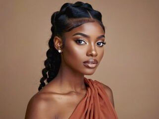 Professional headshot capturing elegant black woman wearing terracotta dress, braided hair framing facial features, standing confidently against warm brown backdrop
