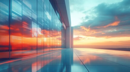 A vibrant sunset reflects off sleek glass surfaces of a modern building, creating a stunning...