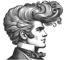 gentleman with an incredibly large, curly hairstyle, blending humor, surrealism, and vintage artistic style sketch engraving generative ai vector illustration. Scratch board. Black and white image.