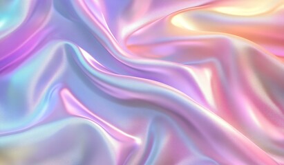 Obraz premium Holographic pastel pink, blue, and cream satin fabric background with beautiful folds and waves. Pastel rainbow colors.