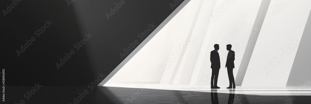 Poster two business professionals negotiating in a minimalist modern space with dynamic lighting during the