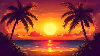 A colorful sunset with palm trees in the foreground, a digital painting depicting a vibrant tropical scene
