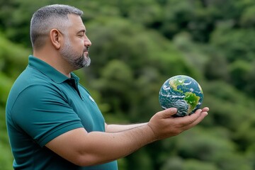Hands protecting globe of green tree on tropical nature summer background, Ecology and Environment concept