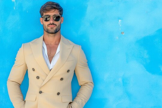 Handsome confident stylish hipster lambersexual modelSexy modern man dressed in elegant beige suit Fashion male posing in the street in city at sunset In sunglasses Near wall