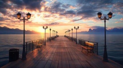 Serene sunrise pier, mountain lake view, calm waters, relaxing scene, travel poster