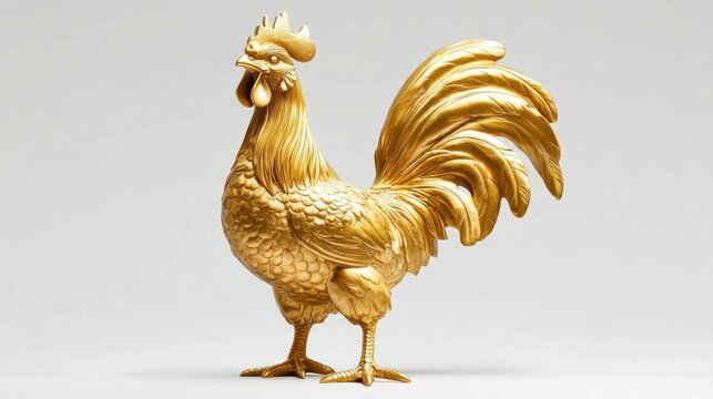 A golden statue of a chicken white isolate background