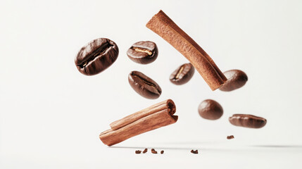 Aromatic floating coffee beans and cinnamon sticks in motion