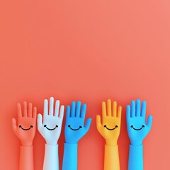 Obraz premium Colorful smiling hand figurines arranged in a row against a vibrant orange background.