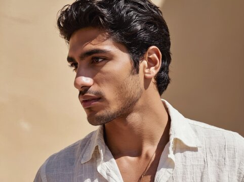 Hispanic male resting in soft natural light, wearing white shirt, displaying contemplative expression with sun bronzed complexion, embodying quiet introspection