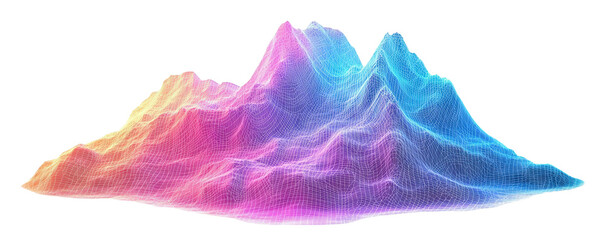 Digital neon mountain with vibrant wireframe grid, isolated on transparent cutout background