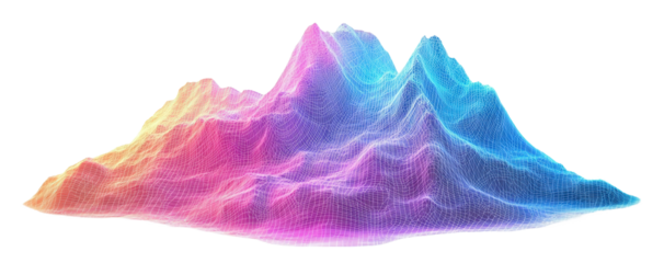 Digital neon mountain with vibrant wireframe grid, isolated on transparent cutout background